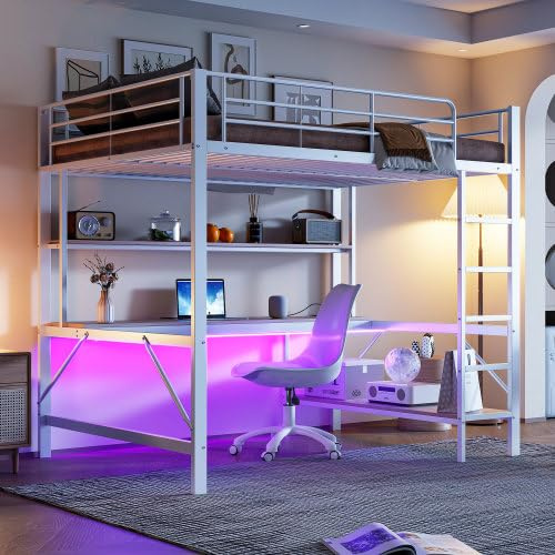 Zepneiy Lit Mezzanine 2 Place avec LED et USB, lit Mezzanine avec Bureau et Plusieurs étagères,Lit Superposé Enfant 140x200 avec échelle et Balustrade, Blanc (sans Matelas)