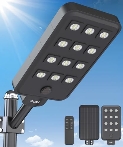 JAYNLT X-13000W Farolas Solares Exteriores, 6500K Potente Farola Solar con Sensor de Movimiento, IP67 Impermeable Foco Solar de Seguridad para Parque Infantil Carretera