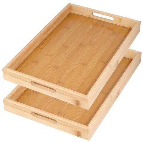 JIAYUET Paquete de 2 bandejas de bambú con asas, bandeja rectangular grande de 38 x 25 cm para desayuno en la cama, té, servicio de café