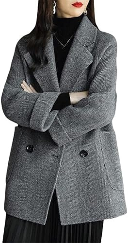 Generisch Damen Wollwattierter Wintermantel, Gesteppte Jacke, Wollmischung, Cabanjacke, Lang, Dick, Winddicht, Zweireihig, Aus Wolle, mit Taschen, Grau, S