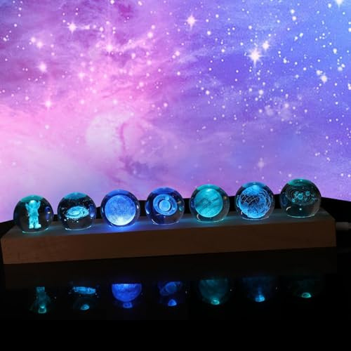 7 Piezas Bola de Cristal Sistema, Solar Bola de Cristal del Sistema Solar con Base de Lámpara Led Globo Luminoso Galaxia Sistema Solar Niño USB para Madre Niños Novia (color)