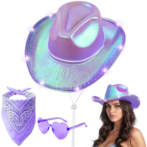 Aomig CowboyHut Damen Herren Fashion Cowboyhüte Cowgrilhut Rockstar Randlose Hippie Herzförmige Brille Halstuch Wilder Westen Party Brillen Geburtstagsfeier Fasching Karneval Kostüm Mottoparty G-Lila
