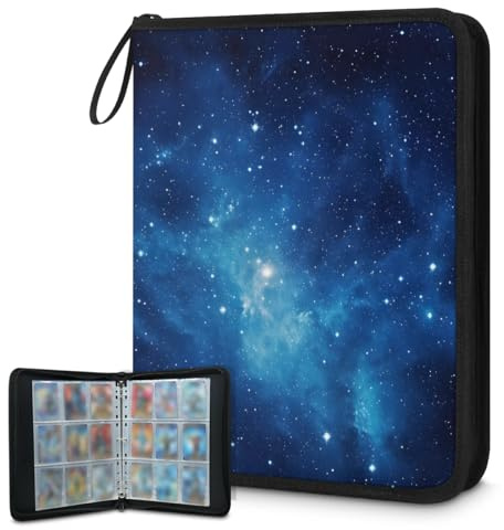 Carpeta de tarjetas coleccionables con 9 bolsillos, diseño de nebulosa espacial azul, con fundas extraíbles, impermeable, con cremallera, capacidad para 50 páginas y 900 tarjetas