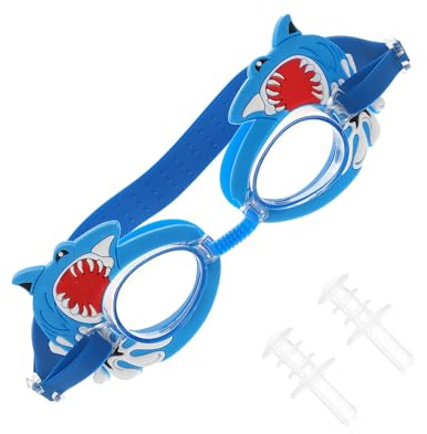 Ciieeo Lunettes de Natation Garçon et Filles Étanches et Antibuée en Silicone Réglables, Motif Requin Bleu, Accessoires Natation Garçon Fille pour Piscine et Sports Nautiques