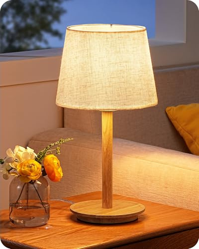 EDISHINE Lámpara Mesita con Base de Madera Maciza, LED 4 W, Beige