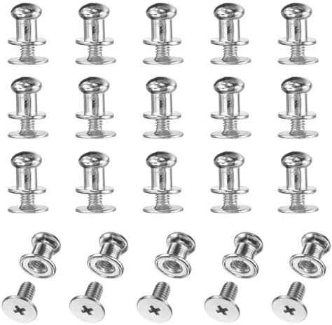 sourcing map 20set Stud Screw 6mm Zinc Alloy Chicago Screws Silver White | Round Head Button,Button Stud Rivets for Leather DIY Craft Leather Belt Wallet Handbag Repairs Decoration