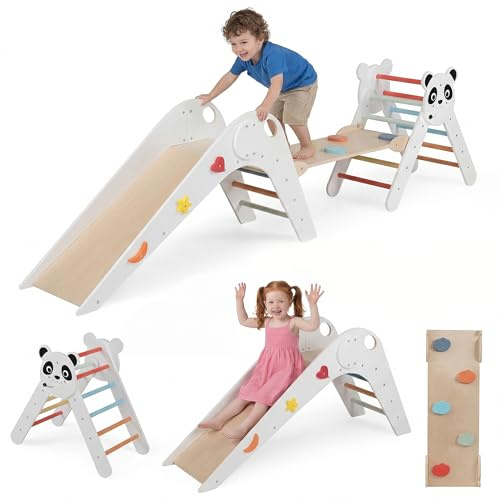 RELAX4LIFE Triangle d'escalade Enfant Thème Panda, Cadre d'escalade Montessori avec Toboggan, Rampe, Échelle, Aire de Jeux Intérieur, Parcours Motricité pour Bébé 3+ Ans, Charge 50 KG (Blanc)