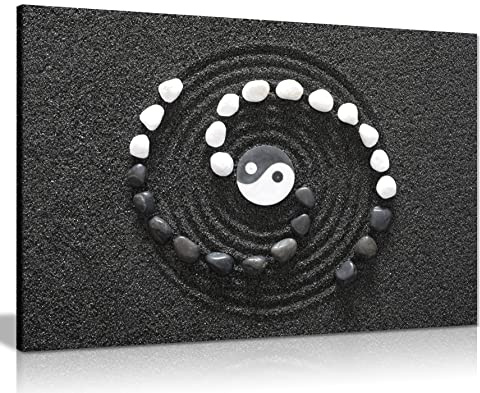 Japanese Zen Ying Yang Stones Canvas Wall Art, Black & White Decor for Bedroom, Wall Pictures for Living Room, Print for Special Occasions (36x24 Inch)