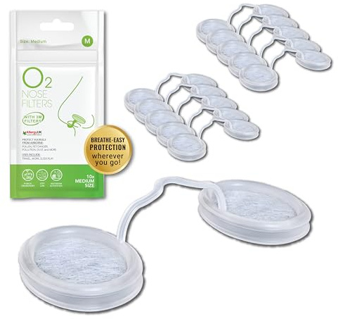 O2 Nose Filters with 3M Filtration - Nasal Screens for Allergies, Dust & Smoke - Drug-Free & Latex-Free Nose Filters - Invisible Allergy Protection (Medium x 10)