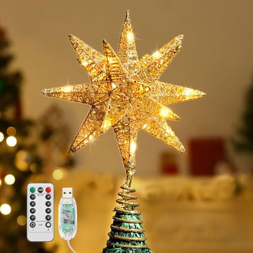 Lewondr Christbaumspitze, Glitzernder Weihnachtsbaum Topper Beleuchtete Funkelnde 3D geometrisch Stern Weihnachtsbaumspitze Weihnachten Dekoration LED Dekorativ Licht Batteriebetrieb 28cm, Gold
