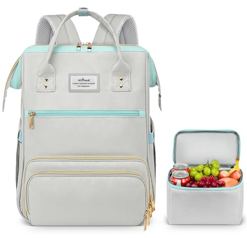 ETRONIK Lunch Backpack, 15.6 Inch Laptop Backpack, Stylish Nurse Teacher Work Bag with Insulated Cooler Lunch Box for Women Men, College Backpack for Travel, Grey Blue