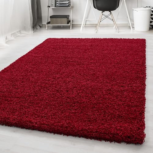 Carpetsale24 Teppich Wohnzimmer Shaggy Flokati Einfarbig 65 x 130 cm Rot - Hochflor Schlafzimmer Pflegeleicht Super Weich - Flauschiger Langflor 50 mm Florhöhe Läufer Flur