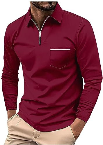 FeiBeauty Tshirt Herren V Ausschnitt Polizei Tshirt Hemd Herren Regular Fit Zipper Revers Langarm Tasche Polohemd Einfarbig Regular Fit Polo Shirt Mit Brusttasche Tops (Rot, L)
