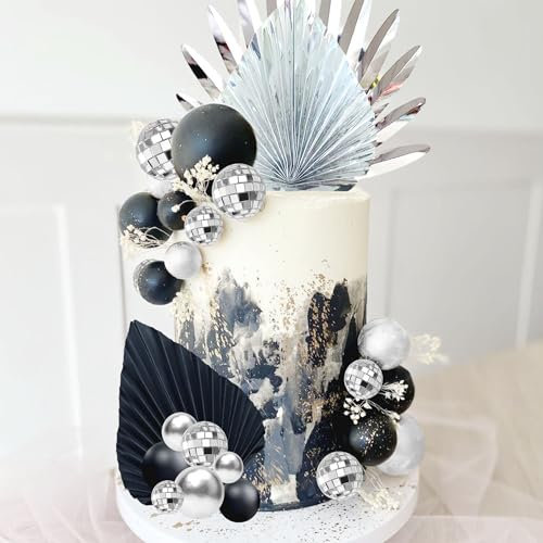 JeVenis Black Sliver Disco Balls Cake Decorations Silver Palm Leaves Cake Decorations Stars Cake Decoration 70s Party Supplies 70s Birthday Cake Decoration Disco Bachelorette Party Supplies