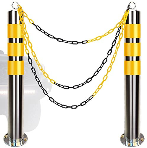 Sicherheitszapfen Poller-Parkbordstein for verkehrsempfindliche Bereiche, reflektierender Edelstahl-Sicherheitskegel mit 5 m Absperrkette, Sicherheitspfosten for Einfahrten, 2 Stück (Größe: 800 mm H x