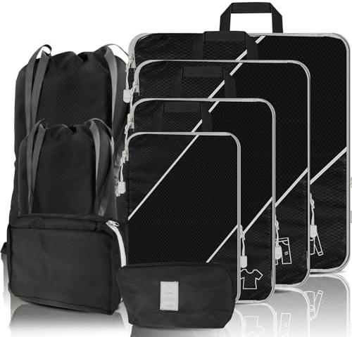 SINZUX 8 Stück Kompressions-Verpackungswürfel, schwarz, ausziehbar, ultraleicht, Packwürfel für Koffer, Koffer-Organizer-Taschen für Rucksack, Gepäck, Reisetaschen, Organizer, Würfel für Reisen und