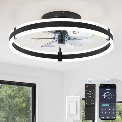 ZMISHIBO Ventilateur de plafond avec lumière et télécommande, profil bas moderne de 50 cm,lumière LED dimmable,6 vitesses,Ventilateur plafond silencieux,lustre noir pour chambre/salon