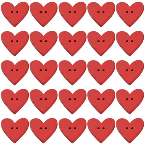 CABODYALS 100 Pezzi Bottoni a Forma di Cuore Rosso in Legno Naturale, Colore Pieno Verniciati A Spruzzo per Cucito, Creazione Artigianato, Scrapbooking