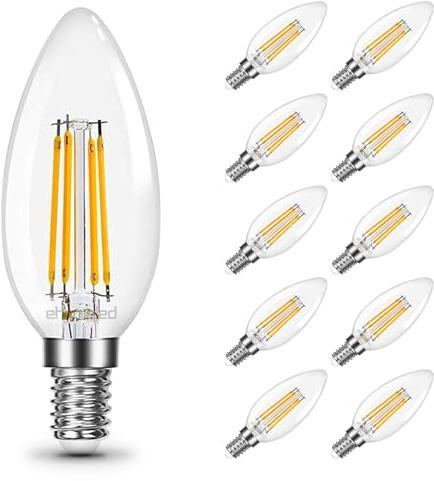 ehomeled Bombillas LED E14 filamento vela cálida 2700K, vidrio claro, 470lm 4W(=40W), bombilla vintage no dimmable, ideal arañas & decorativos, paquete de 10