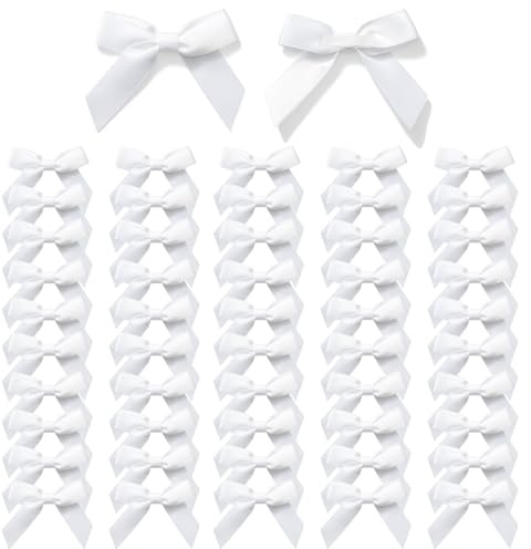 MORSUNBELA Fiocchi Piccoli Decorativi Nastro Bianco Fiocco Regalo Autoadesivo Regalo per Confezioni Regalo San Valentino Matrimonio Natale 50 Pezzi
