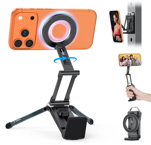 OMOTON Aluminum Magnetic Phone Tripod — 360° Rotating for MagSafe Tripod Mount, Ultralight 158g Portable, Fits Gym, Vlog, Airplane & Travel Gadgets, For iPhone 17/16/15/14 Pro Max Air, etc, Black