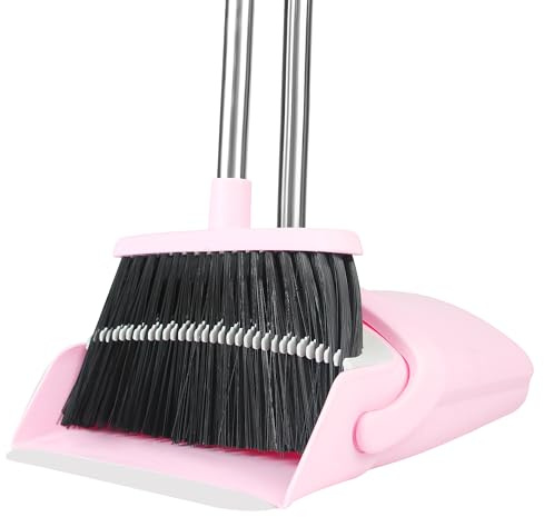 BSKLIN Pink Broom and Dustpan Set, 52-in Handle Broom Dustpan Combo Set Household Hand Broom with Dustpan Teeth to Clean Hair for Home Kitchen Office Lobby Sweeping Indoor（Pink）