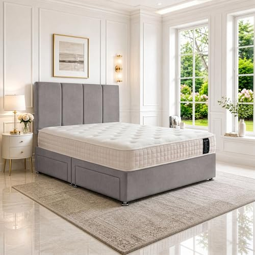 Double Divan Bed with Orthopedic, Posture Support, Multi-Layer Pocket Sprung Mattress, Headboard & 2 Storage Drawers – Plush Silver Fabric, 4FT6 UK Made, Space-efficient, Bedroom, Guest & Kids’ Room