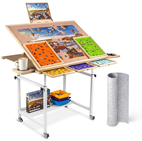 Becko US 1500 Piece Puzzle Table with 5 Drawers & Cover, Tilting Puzzle Board on Wheels with 3 Tilt Angles & Height Adjustments, with Cup Holder & Puzzle Box Holder, for 1500 Pieces Jigsaw Puzzles