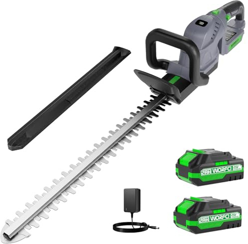 WORFCI Tagliasiepi senza fili da 20 pollici (include 2 batterie e caricabatterie), tagliasiepi elettrico portatile, manico girevole a 180°, tagliasiepi per erba, leggero e compatto, grigio