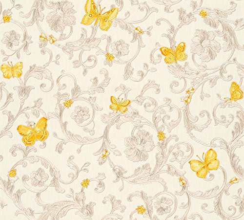 Baroque Wallpaper with Ornaments Versace 3 Non-Woven Wallpaper 10.05 m x 0.70 m Yellow Gold Creme Made in Germany 343253 34325-3