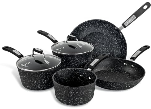 Scoville NEVERSTICK 5 Piece Cookware Set, Non Stick Pots and Pans Set, 16cm Milk Pan, 18cm/20cm Saucepans with Lids, 26cm Frying Pan and 28cm Wok, Suitable for All Hobs, Aluminium, Non Toxic, Black