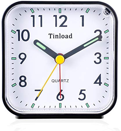 Tinload Small Battery Operated Analog Travel Alarm Clock Silent Non Ticking, Gentle Wake, Ascending Beep Sounds, Snooze,Lighted on Demand, Easy Set(Black)
