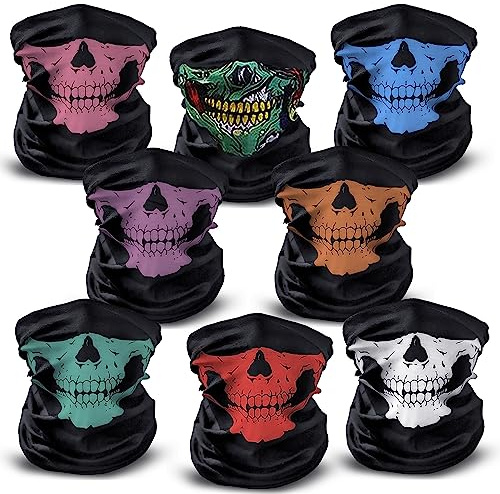 8 Pcs Skull Face Mask Balaclava Ghost Biker Bandana Motorcycle Headband Magic Scarf Dust proof Neck Warmer Winter Face Tube for Outdoor Sports