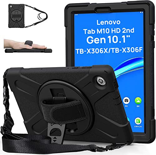 Gerutek Lenovo Tab M10 HD 10.1 Inch (TB-X306X/TB-X306F) Shockproof Rugged Armoured Case with 360 Rotating Kickstand Stand/Hand Strap, Shoulder Strap Protective Case for Lenovo Tab M10 tablet, Black