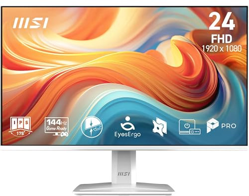 MSI PRO MP243W E14 24-Inch FHD Computer Monitor, 1920x1080 IPS, 144Hz, 1ms, HDR ready, Adaptive Sync, Eye care, Built-in speaker, HDMI 1.4b, DP 1.2a, Frameless, Tilt Adjustable, Vesa Mount, White