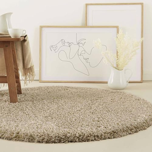 Homie Living Teppich - Läufer, nachhaltig, modern, einfarbig, kuschelig weich und sehr flauschig, Hochflor bestens geeignet für Wohnzimmer, Schlafzimmer, Kinderzimmer, Matteo (80 cm rund, Sand Beige)