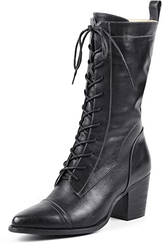 UTIKLIOU Combat Boots for Women with Mid Heel Lace up Mid Calf Boots Side Zipper (Black size 8)