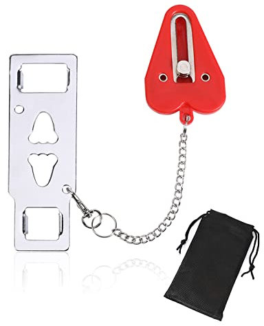 2Agujeros Rojo Cerradura de Puerta Antirrobo Portátil, Cerradura Adicional Seguridad Cadenas de Puerta, Bloqueo de Privacidad para Hotel, Escuela, Viaje, Dormitorio, Baño, Apartamento