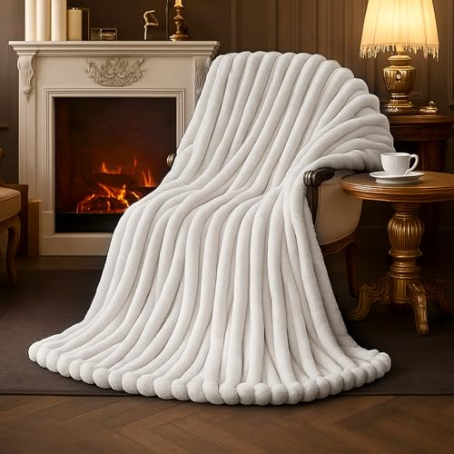 Amélie Home Faux Fur Throw Blanket for Couch, Cozy Fuzzy Fluffy Fur Luxurious Soft Striped Plush Gift Blankets for Family Sofa Chair Bedroom, 55x70, Ivory