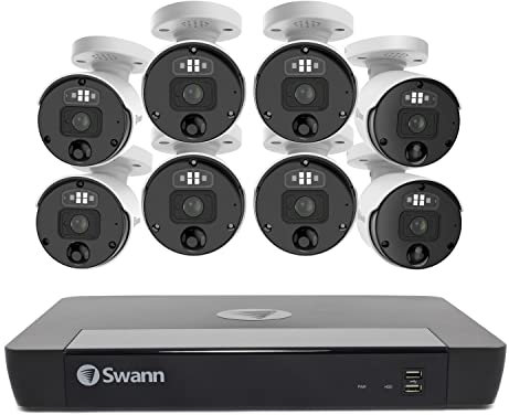 Swann 12MP Mega HD Security Camera System, 16CH NVR with 4TB HDD,8 Indoor Outdoor Bullet IP Cameras, 6K PoE Wired,Video Analytics, 2-Way Audio, Sirens, Color Night Vision, True Detect, 24/7, IP66