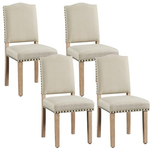 Yaheetech Lot de 4 Chaises de Salle à Manger à Haut Dossier Chaises de Cuisine Pieds en Bois Massif Design Classique avec Boutons Bronzés Fauteuils et Chaises pour Salon Sièges Rembourrés Beige