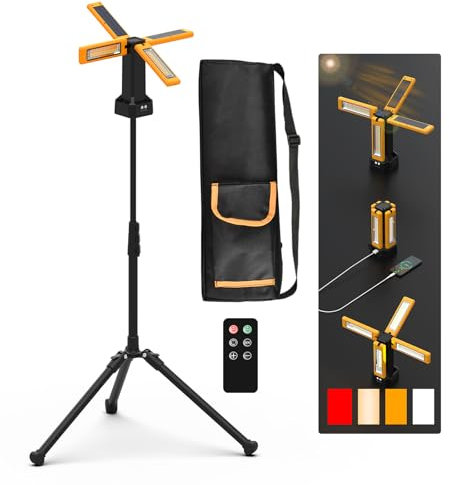 Foco de Construcción LED con Batería Solar con Trípode, Batería de 13200 mAh de Capacidad, Foco Recargable de Trabajo 8000 Lúmenes, Para Obras de Camping, Estudio