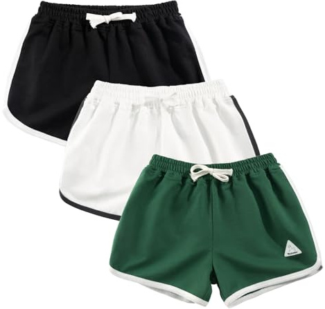 Rolanko Girls Sports Shorts, Cotton Summer Contrast Binding Dolphin Short Pants, Kids Athletic Gym Wear for Running and Dancing, 3 Packs (Green Beige Black, Size: 160, 11-12 Years)