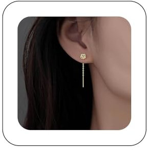Inateannal Boucles d'oreilles enfile-fleurs en or avec pampilles pendantes longues chaînes de fleurs roses boucles d'oreilles pendantes minimalistes boucles d'oreilles à barre d'enfilage bijoux pour