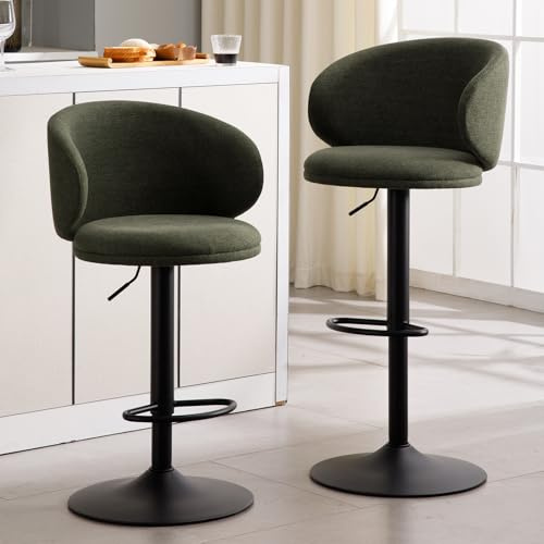 Ya-Home Tabouret de Bar Lot de 2 Pivotant Chaise Bar en Lin Réglable en Hauteur avec Base en Métal, Chaise Haute Bar pour Cuisine/Ilot Centrale, Vert