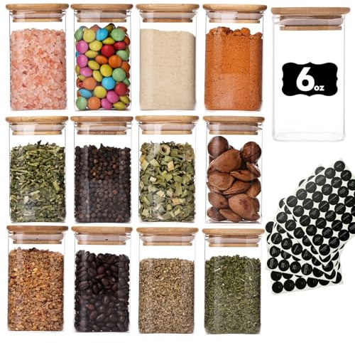 Wells 12 Pack Glass Spice Jars with Bamboo Lid and Label, 6oz 170ml Square Glass Container, Small Food Storage Containers for Kitchen, Clear Empty Seasoning Jar for Sugar, Salt, Coffee Bean, Herb