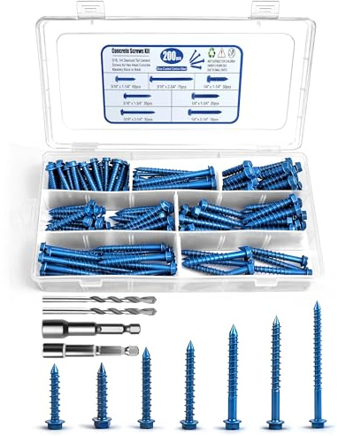 200PCS Concrete Screws, 3/16 1/4 Masonry Screws with Drill Bit and Driver Bit, 7 Sizes Hex Head Cement Screws for Masonry, Block or Brick, Diamond Point, Blue Coated
