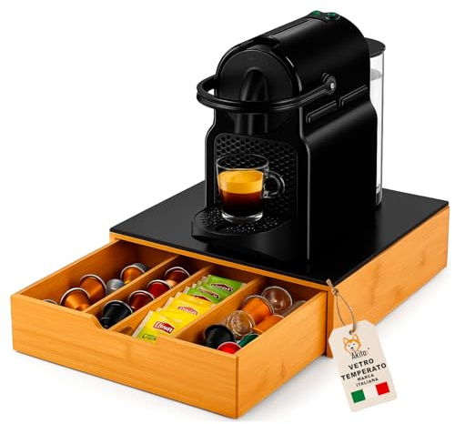 AKITAInk Portacialde in Bambù con Cassetto e Ripiano in Vetro - Porta Cialde Organizer per Capsule, Tisane - Porta Capsule Caffè, Bustine Tè e Zucchero - Perfetto per Angolo Caffè Casa e Ufficio