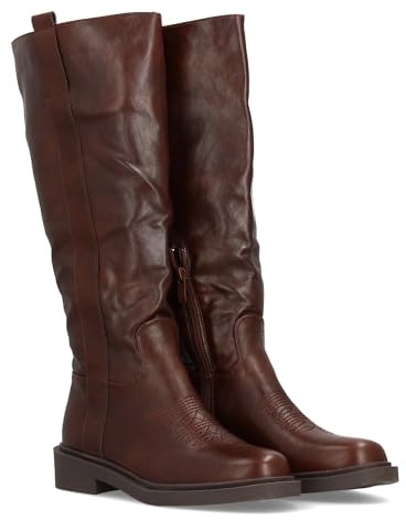 shoes&blues.es 97347 Bota Alta para Mujer Cowboy con Detalle de Bordado Frontal, Paneles Elasticos y Suela Plana. Ideal Temporada Otono Invierno. Cafe Talla 39