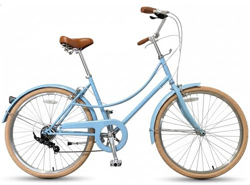 CYBIC bici da città 24/26'' per donna, stile retrò, 7 velocità, telaio leggero in alluminio con cestino in rattan, ideale per pendolari e uso urbano (Pollici, 26, blu, Pollici, 18)